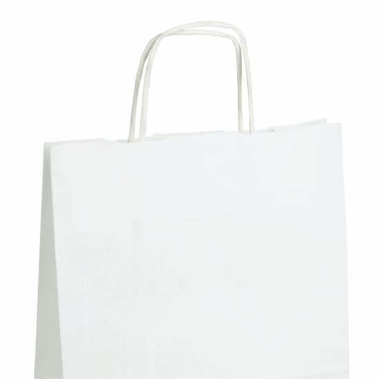 torba papierowa biala z nadrukiem 25cm x 11cm x 32cm